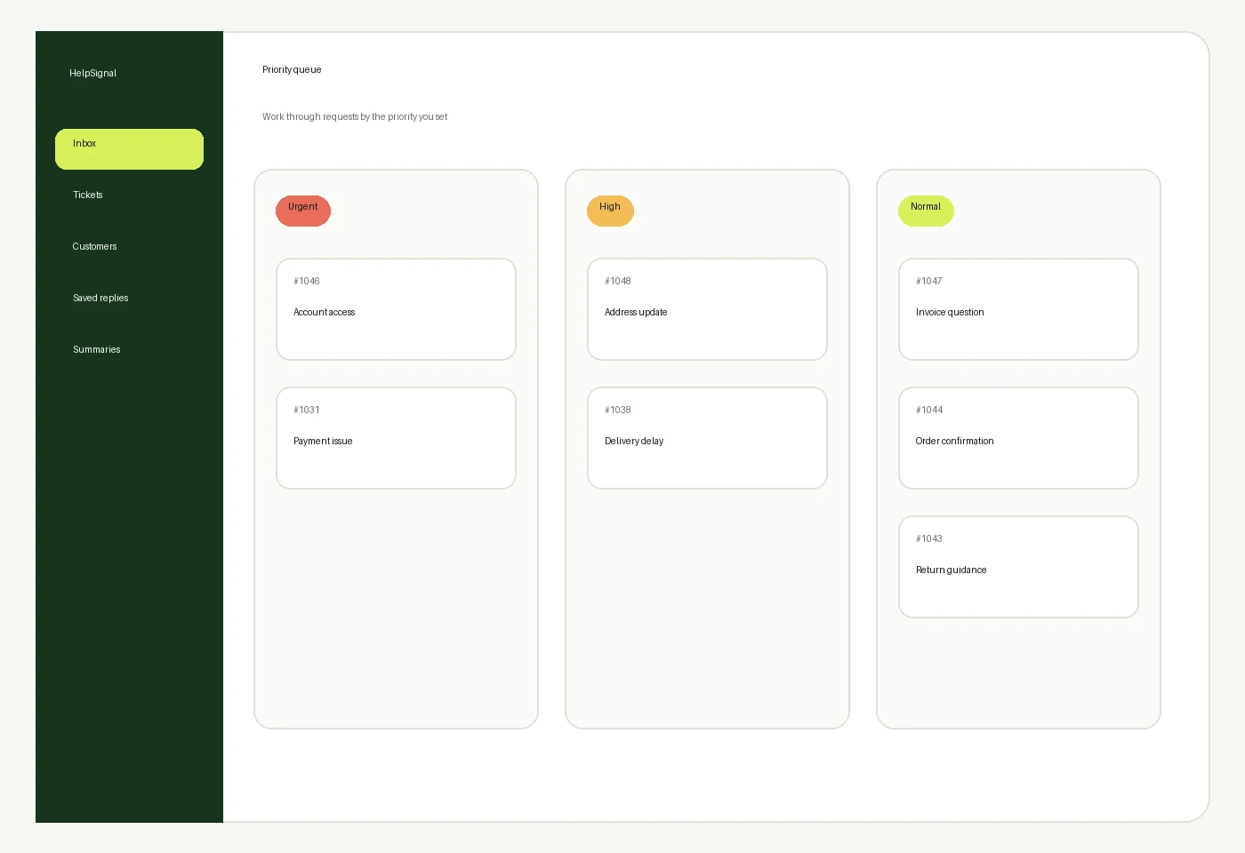 HelpSignal priority queue illustrative software preview with fictional demonstration data