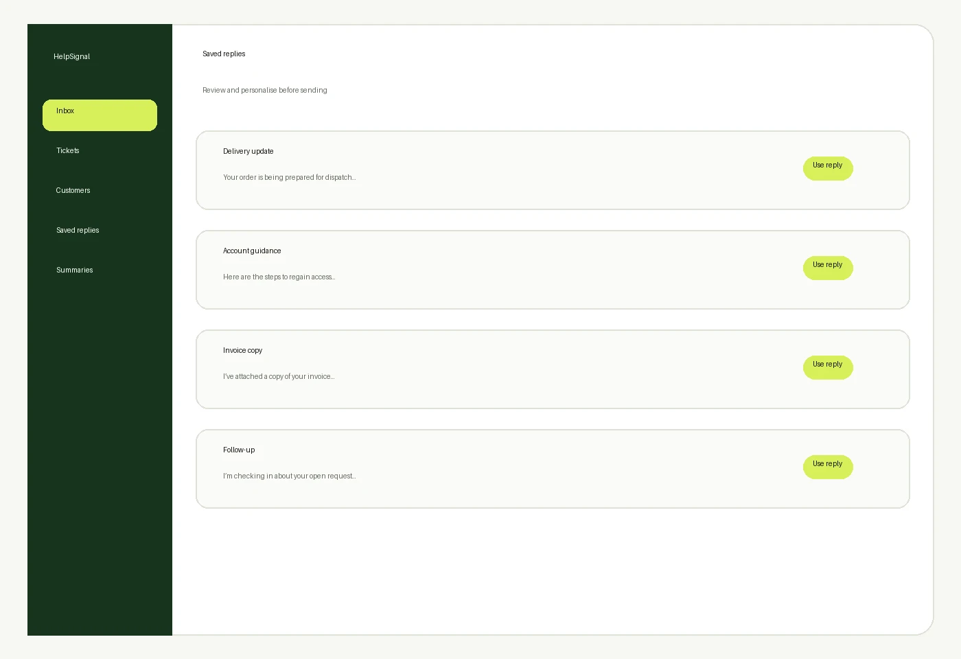 Saved reply library with clear sample response titles