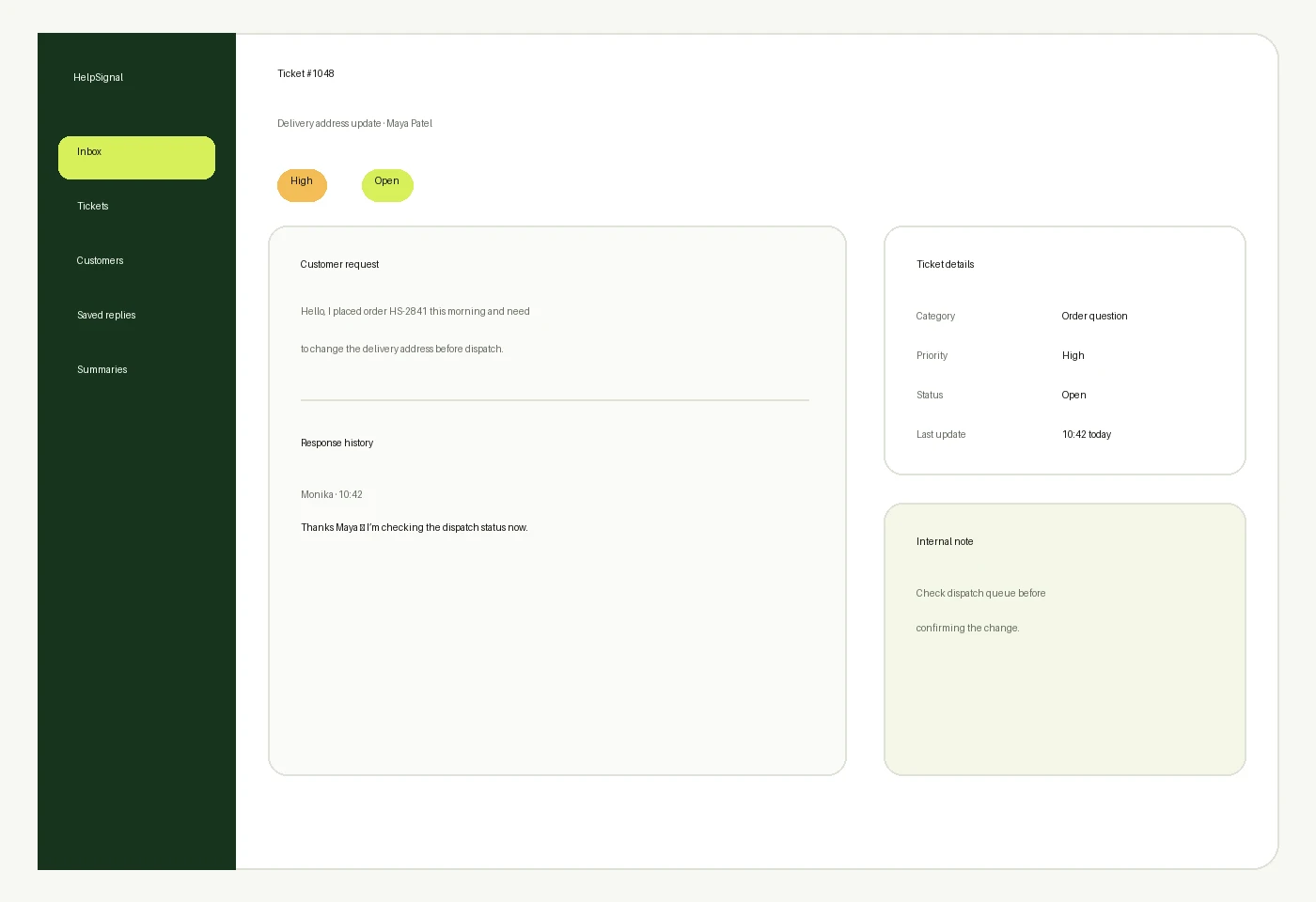 HelpSignal ticket detail illustrative software preview with fictional demonstration data